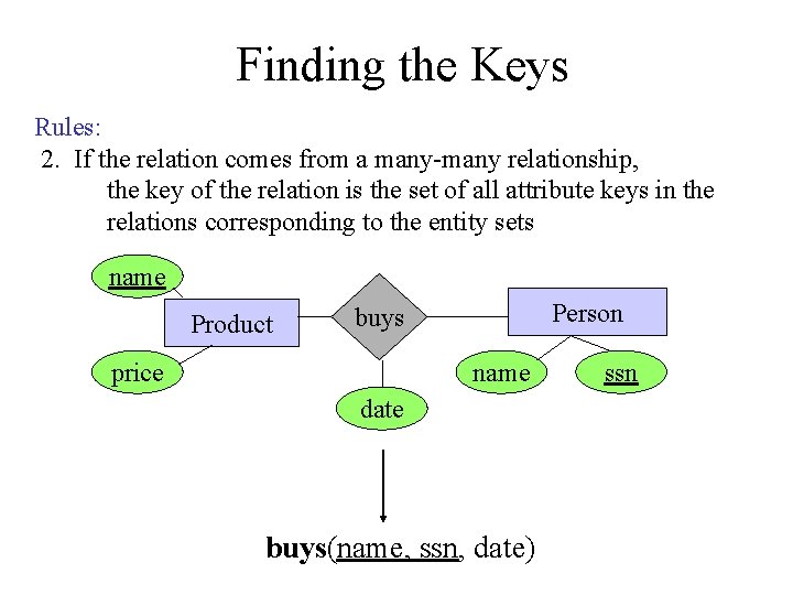 Finding the Keys Rules: 2. If the relation comes from a many-many relationship, the