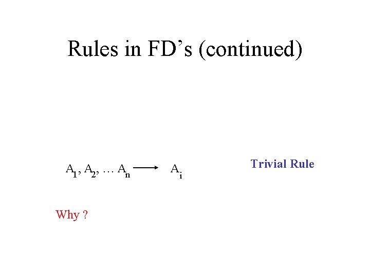 Rules in FD’s (continued) A 1 , A 2, … An Why ? A