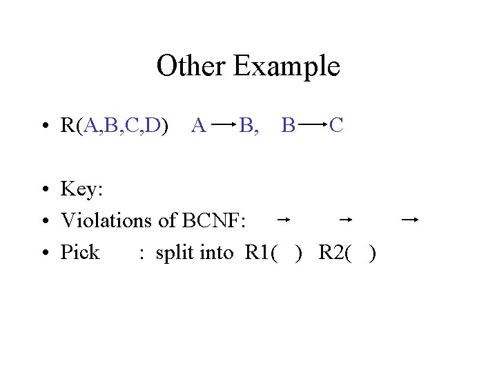 Other Example • R(A, B, C, D) A B, B C • Key: •