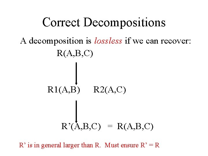 Correct Decompositions A decomposition is lossless if we can recover: R(A, B, C) R