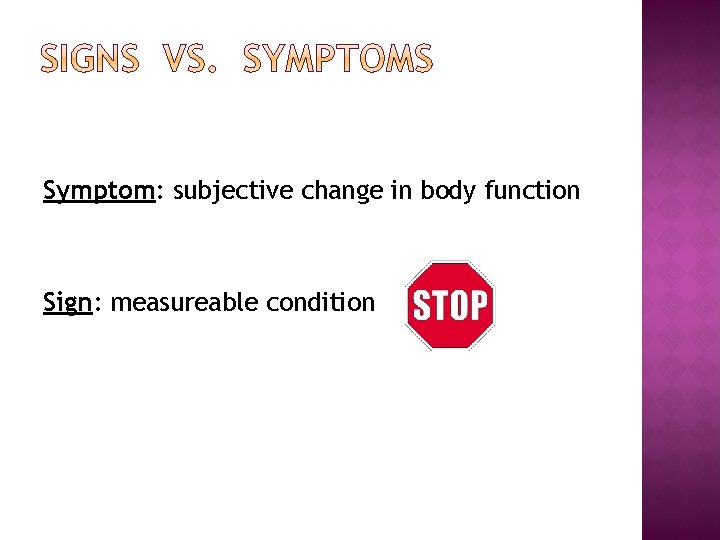 Symptom: subjective change in body function Sign: measureable condition 