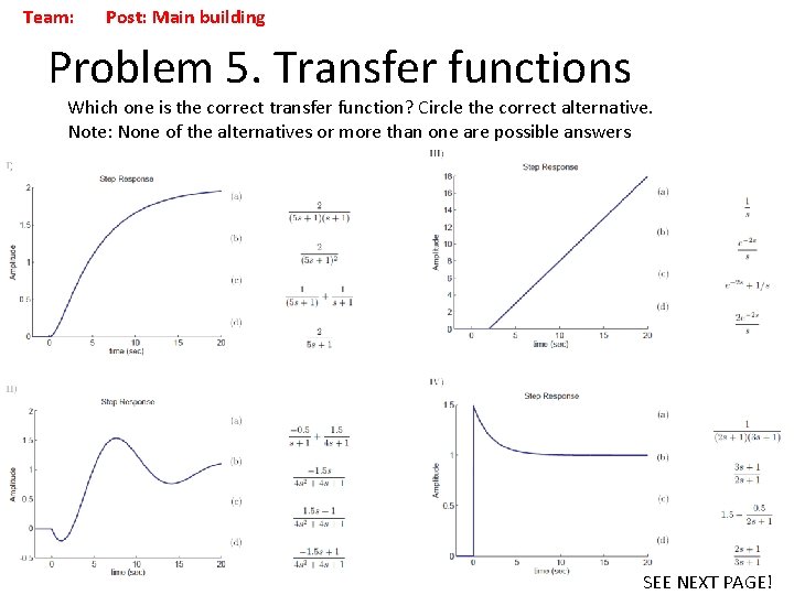 Team: Post: Main building Problem 5. Transfer functions Which one is the correct transfer