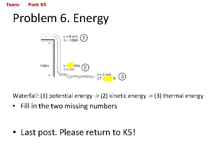 Team: Post: K 5 Problem 6. Energy Waterfall: (1) potential energy -> (2) kinetic