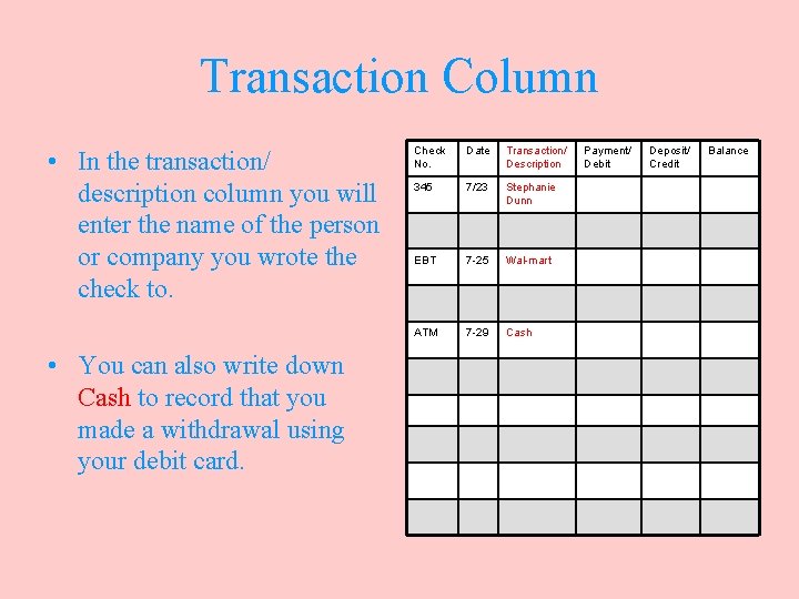 Transaction Column • In the transaction/ description column you will enter the name of