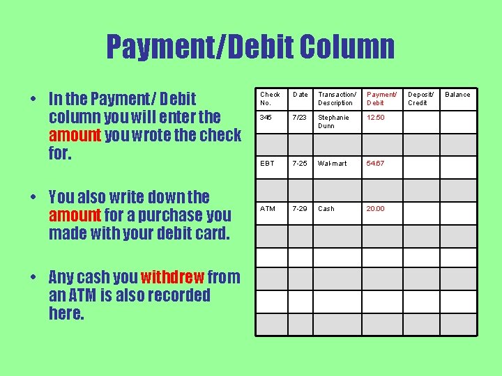 Payment/Debit Column • In the Payment/ Debit column you will enter the amount you