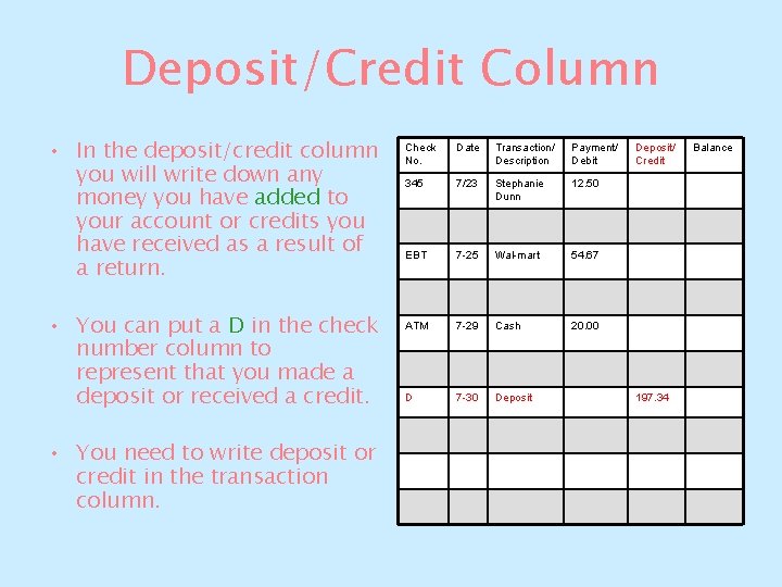 Deposit/Credit Column • In the deposit/credit column you will write down any money you