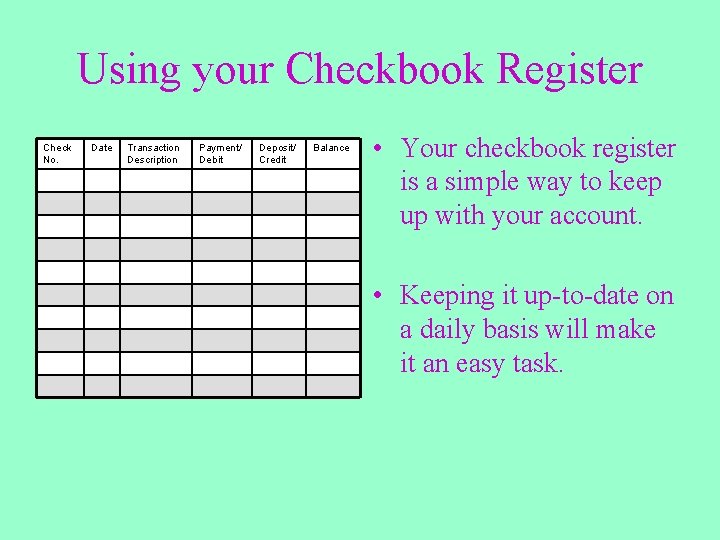 Using your Checkbook Register Check No. Date Transaction Description Payment/ Debit Deposit/ Credit Balance