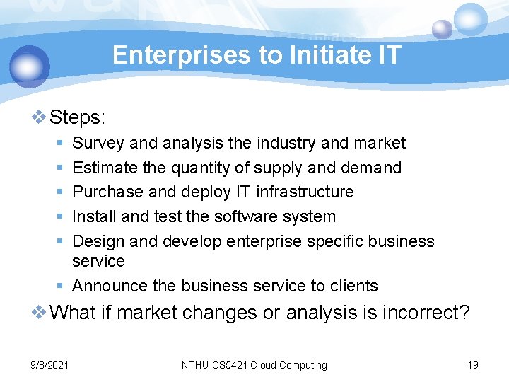Enterprises to Initiate IT v Steps: § § § Survey and analysis the industry