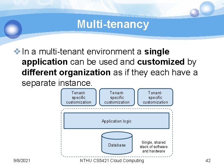 Multi-tenancy v In a multi-tenant environment a single application can be used and customized