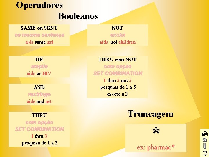 Operadores Booleanos SAME ou SENT na mesma sentença aids same azt NOT exclui aids