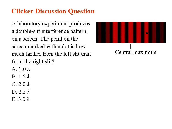 Clicker Discussion Question A laboratory experiment produces a double-slit interference pattern on a screen.