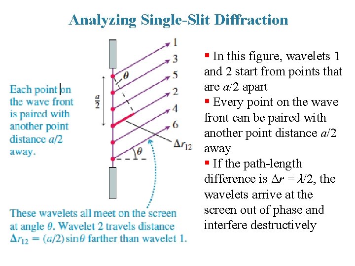 Analyzing Single-Slit Diffraction § In this figure, wavelets 1 and 2 start from points