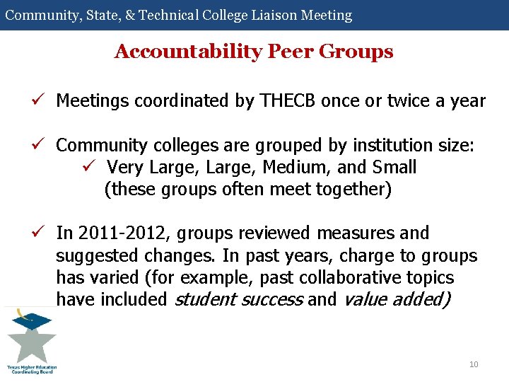 Community, State, & Technical College Liaison Meeting Accountability Peer Groups ü Meetings coordinated by