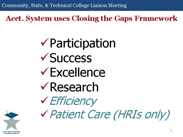 Community, State, & Technical College Liaison Meeting Acct. System uses Closing the Gaps Framework
