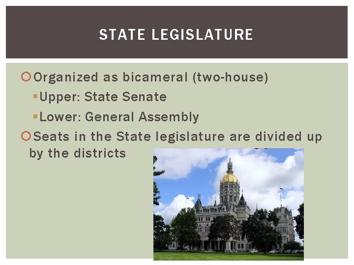 STATE LEGISLATURE Organized as bicameral (two-house) § Upper: State Senate § Lower: General Assembly