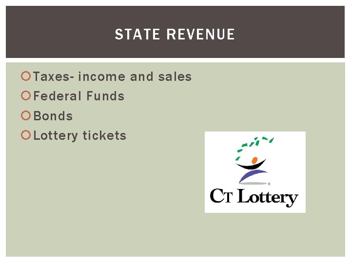 STATE REVENUE Taxes- income and sales Federal Funds Bonds Lottery tickets 