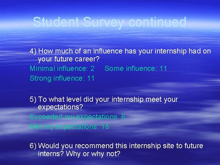 Student Survey continued 4) How much of an influence has your internship had on
