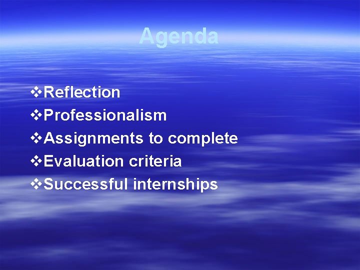 Agenda v. Reflection v. Professionalism v. Assignments to complete v. Evaluation criteria v. Successful