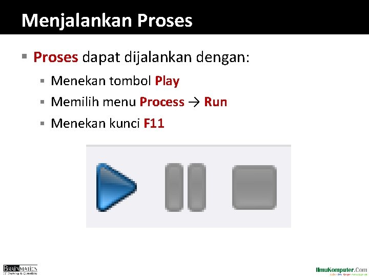 Menjalankan Proses § Proses dapat dijalankan dengan: Menekan tombol Play § Memilih menu Process