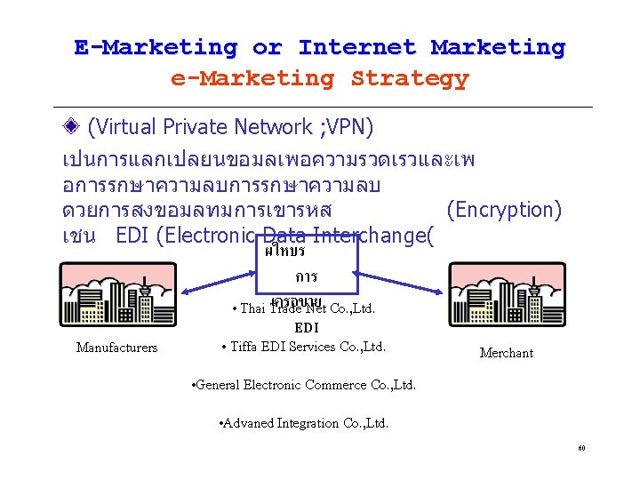 E-Marketing or Internet Marketing e-Marketing Strategy (Virtual Private Network ; VPN) เปนการแลกเปลยนขอมลเพอความรวดเรวและเพ อการรกษาความลบ ดวยการสงขอมลทมการเขารหส