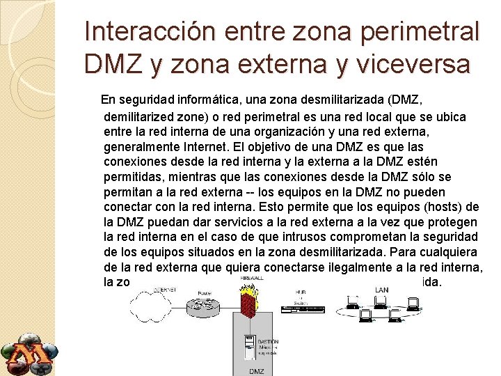Interacción entre zona perimetral DMZ y zona externa y viceversa En seguridad informática, una