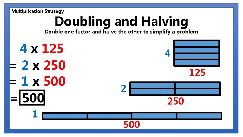 Multiplication Strategy Doubling and Halving Double one factor and halve the other to simplify