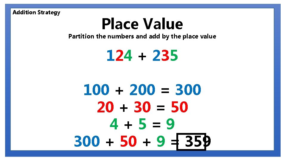 Addition Strategy Place Value Partition the numbers and add by the place value 124