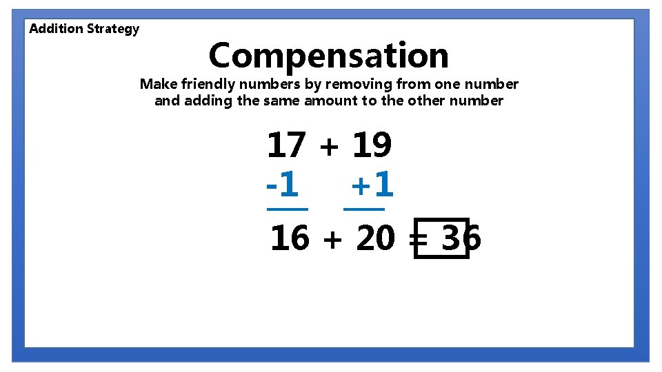 Addition Strategy Compensation Make friendly numbers by removing from one number and adding the