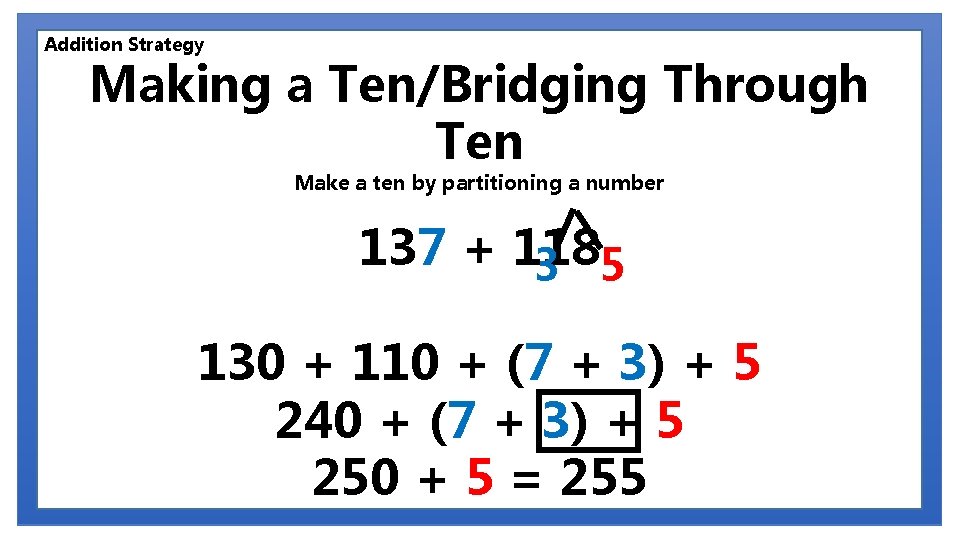 Addition Strategy Making a Ten/Bridging Through Ten Make a ten by partitioning a number