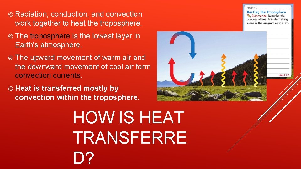  Radiation, conduction, and convection work together to heat the troposphere. The troposphere is