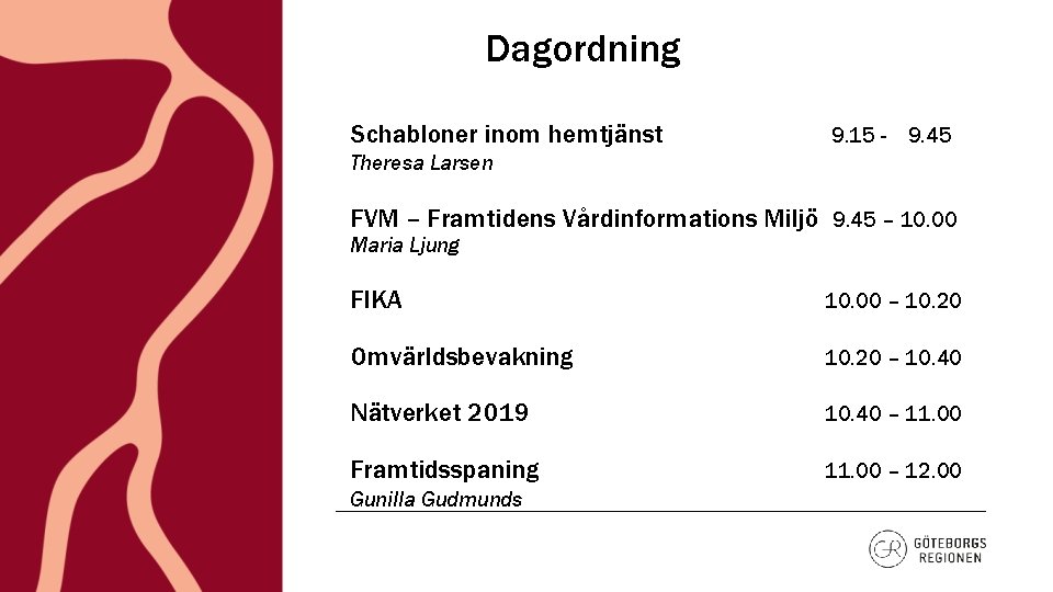 Dagordning Schabloner inom hemtjänst 9. 15 - 9. 45 Theresa Larsen FVM – Framtidens