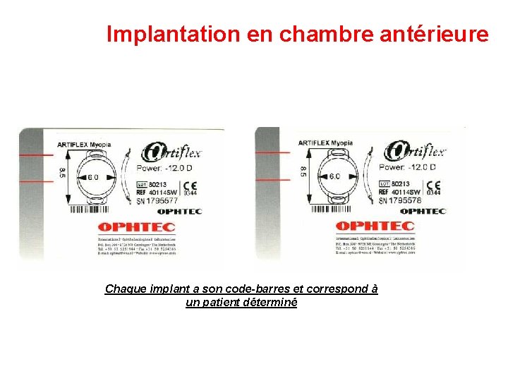 Implantation en chambre antérieure Chaque implant a son code-barres et correspond à un patient