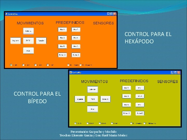 CONTROL PARA EL HEXÁPODO CONTROL PARA EL BÍPEDO Presentación Gazpacho y Mochilo Teodoro Llorente