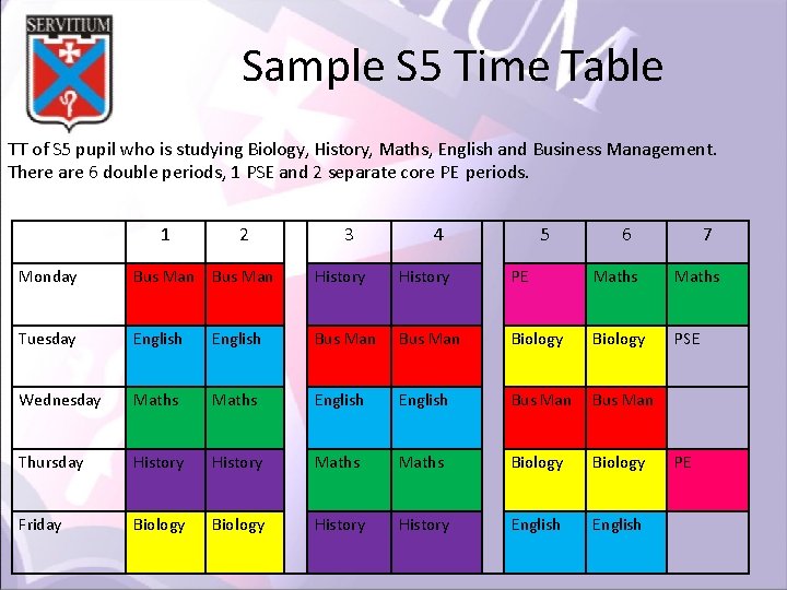 Sample S 5 Time Table TT of S 5 pupil who is studying Biology,