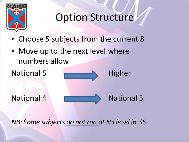 Option Structure • Choose 5 subjects from the current 8 • Move up to