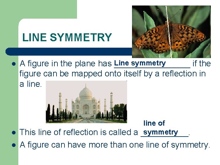 LINE SYMMETRY l symmetry A figure in the plane has Line ________ if the