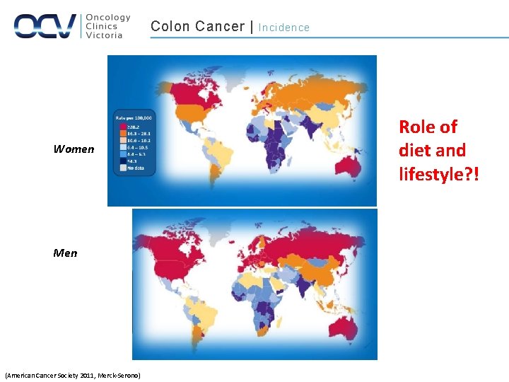 Colon Cancer | Women Men (American Cancer Society 2011, Merck-Serono) Incidence Role of diet