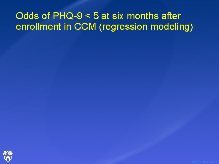 Odds of PHQ-9 < 5 at six months after enrollment in CCM (regression modeling)