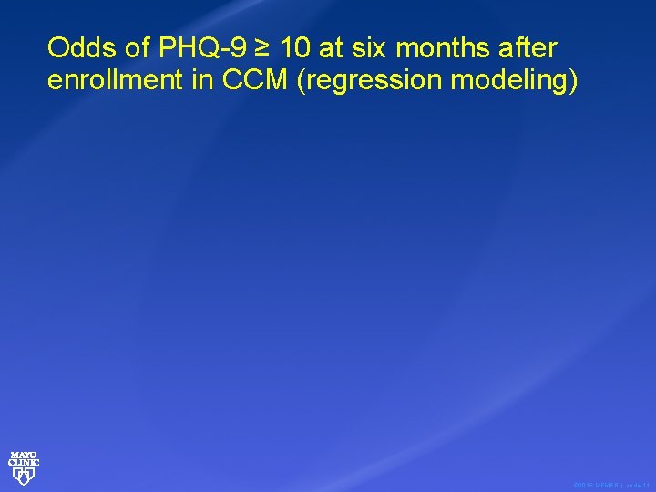 Odds of PHQ-9 ≥ 10 at six months after enrollment in CCM (regression modeling)