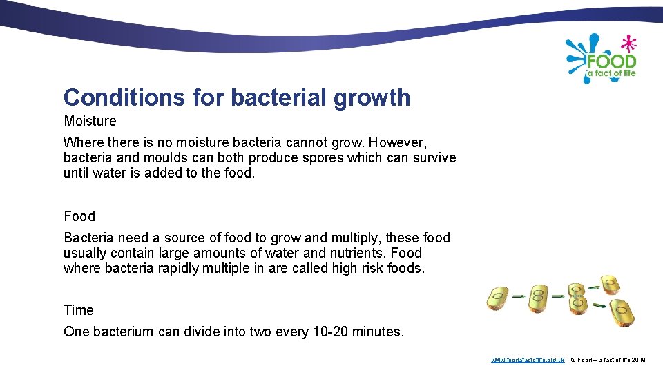 Conditions for bacterial growth Moisture Where there is no moisture bacteria cannot grow. However,