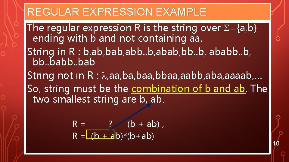 REGULAR EXPRESSION EXAMPLE The regular expression R is the string over ={a, b} ending