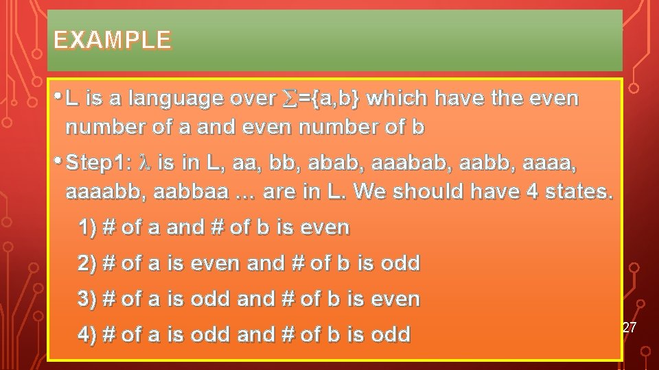 EXAMPLE • L is a language over ={a, b} which have the even number