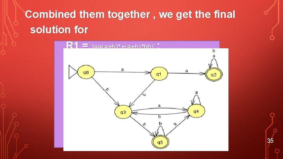 Combined them together , we get the final solution for R 1 = )aa(a+b)*+(a+b)*bb)