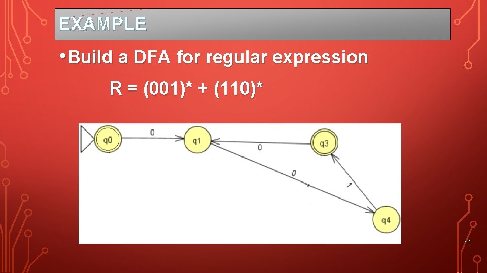 EXAMPLE • Build a DFA for regular expression R = (001)* + (110)* 36