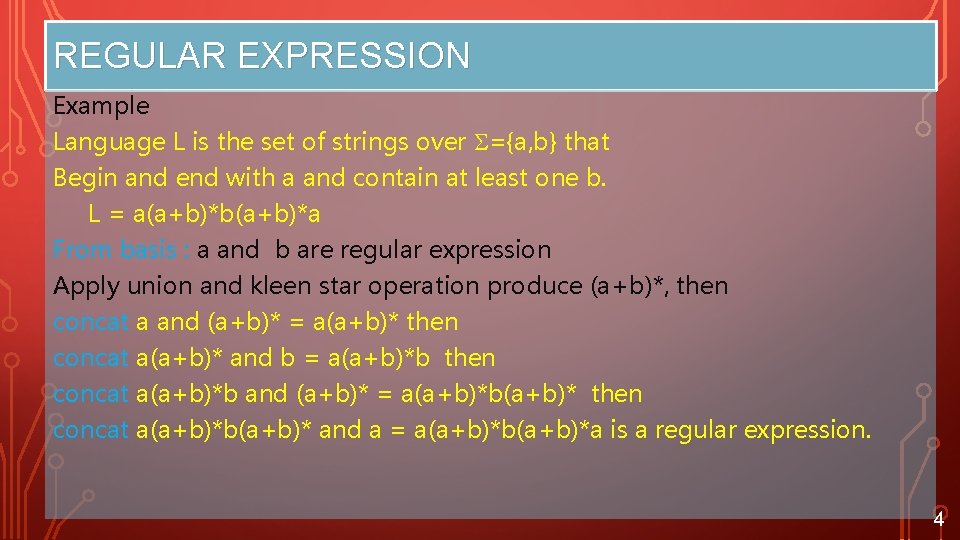 REGULAR EXPRESSION Example Language L is the set of strings over ={a, b} that