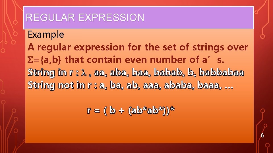 REGULAR EXPRESSION Example A regular expression for the set of strings over ={a, b}
