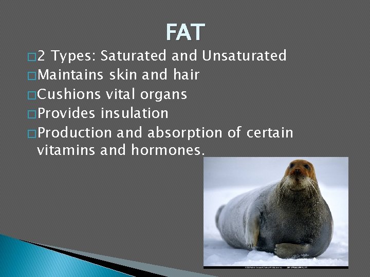 � 2 FAT Types: Saturated and Unsaturated � Maintains skin and hair � Cushions