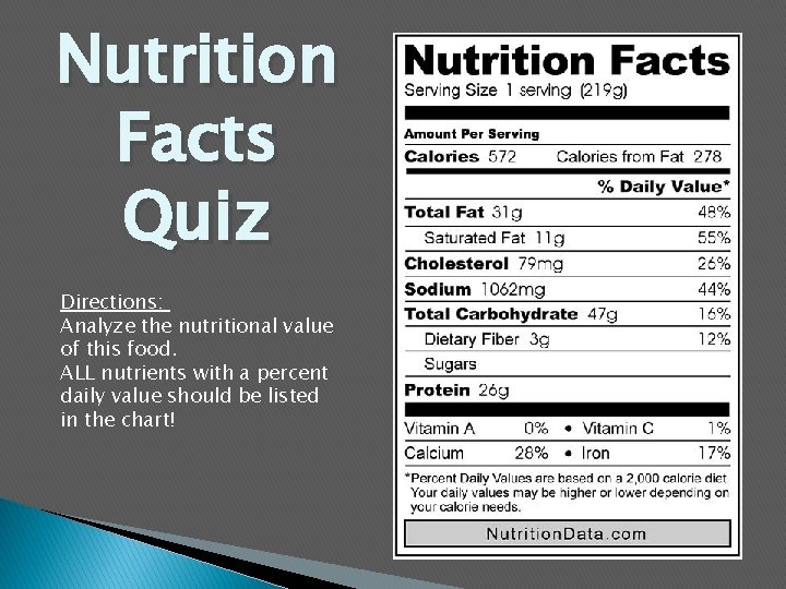 Nutrition Facts Quiz Directions: Analyze the nutritional value of this food. ALL nutrients with