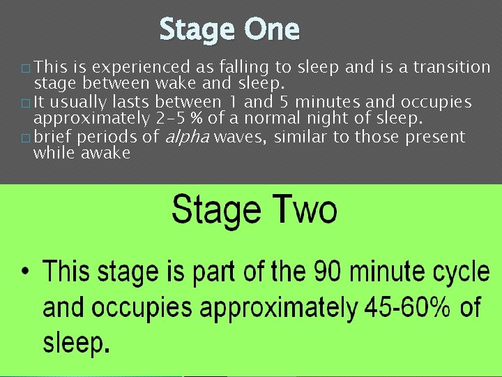 Stage One � This is experienced as falling to sleep and is a transition