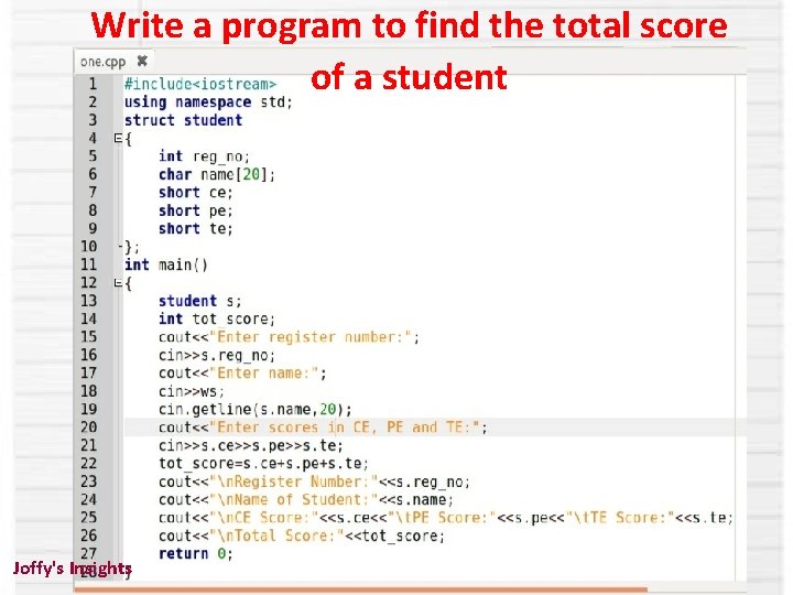 Write a program to find the total score of a student Joffy's Insights 